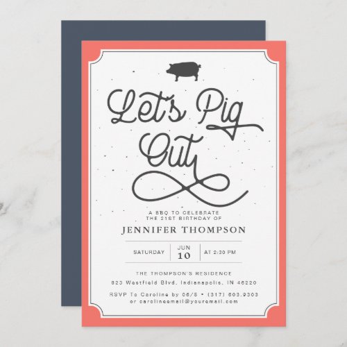 Lets Pig Out Coral Navy BBQ Birthday Party Invitation
