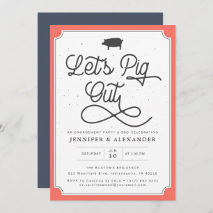 Let's Pig Out Coral Navy I Do BBQ Engagement Party Invitation