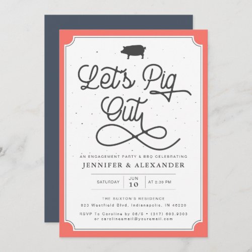 Lets Pig Out Coral Navy I Do BBQ Engagement Party Invitation