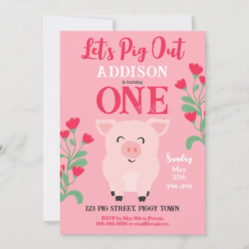 Lets Pig Out Farm Animal Floral Girls Birthday Invitation