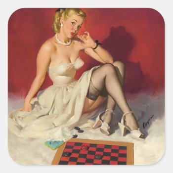 Lets Play A Game - Retro Pinup Girl Square Sticker by PinUpGallery at Zazzle