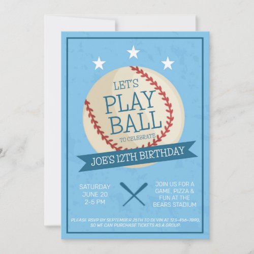 Lets Play Ball Blue Baseball Birthday Invitation