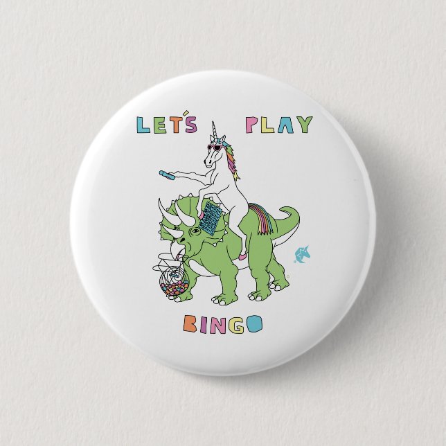 Let's Play Bingo Unicorn Riding Dinosaur Button (Front)