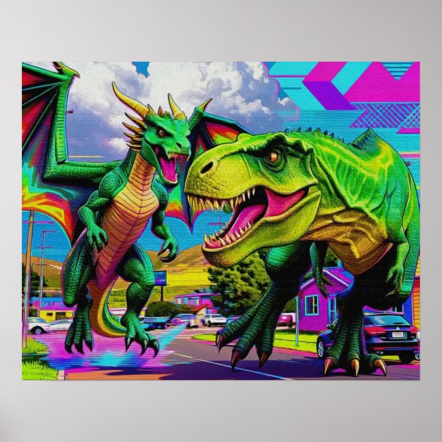 Lets Play - Green Dragon and Dinosaur Poster (Front)