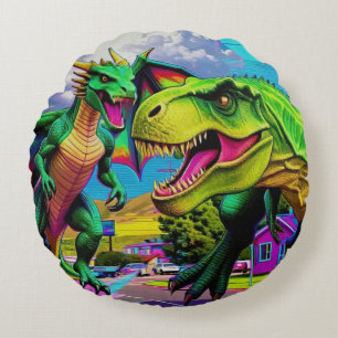 Lets Play - Green Dragon and Dinosaur Round Pillow