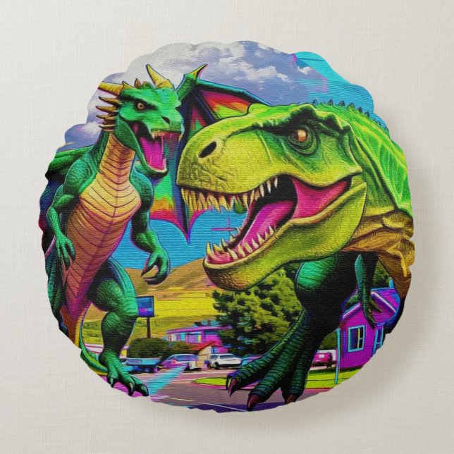 Lets Play - Green Dragon and Dinosaur Round Pillow (Front)