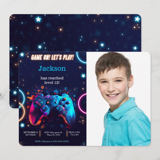 Let's Play Video Game Birthday Photo Invitation (Front/Back)