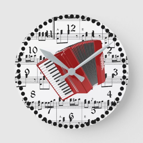 Lets Polka red accordion on sheet music Round Clock