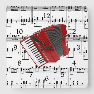 Let's Polka, red accordion on sheet music, Square Wall Clock