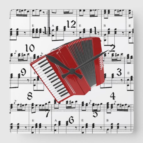 Lets Polka red accordion on sheet music Square Wall Clock
