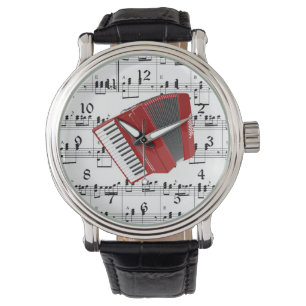 Let's Polka, red accordion on sheet music Watch