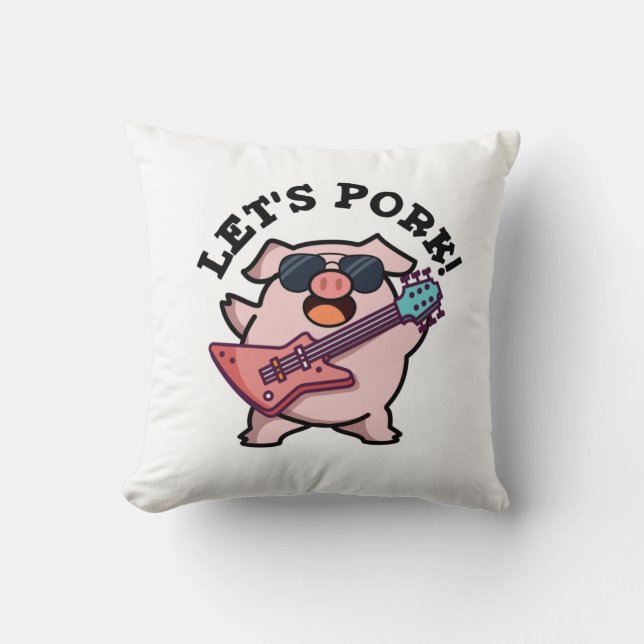 Let's Pork Funny Rock Guitar Pig Pun Throw Pillow (Front)