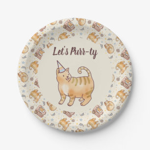 Let's Purr-ty, Fat Orange Watercolor Cat Birthday Paper Plates