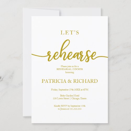 Lets Rehearse Elegant Gold Rehearsal Dinner Invitation