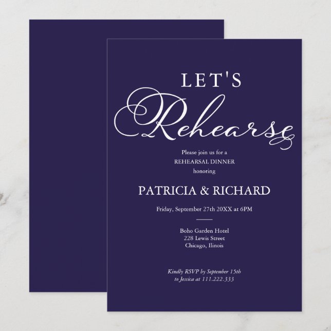 Let's Rehearse Elegant Navy Blue Rehearsal Dinner Invitation (Front/Back)