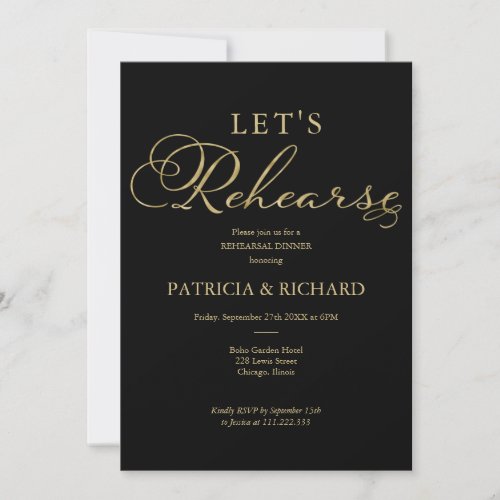 Lets Rehearse Gold Foil Script Rehearsal Dinner Invitation