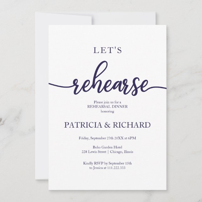 Let's Rehearse Navy Blue Rehearsal Dinner Invitation (Front)