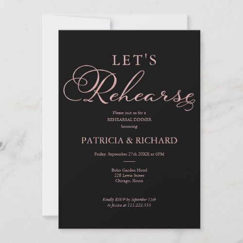 Lets Rehearse Rose Gold Foil Rehearsal Dinner Invitation