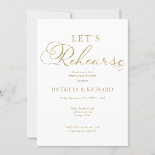 Lets Rehearse Simple Gold Foil Rehearsal Dinner Invitation