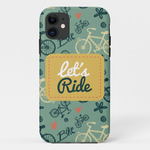 Lets Ride Modern Green Bicycle Pattern iPhone 11 Case