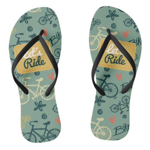 Lets Ride Modern Green Bicycle Pattern Flip Flops