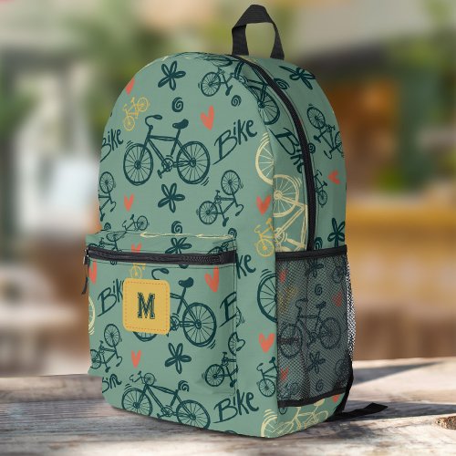 Lets Ride Modern Green Bicycle Pattern Printed Backpack