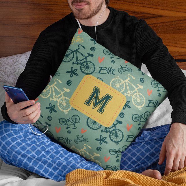 Let's Ride Modern Green Bicycle Pattern Throw Pillow (Creator Uploaded)