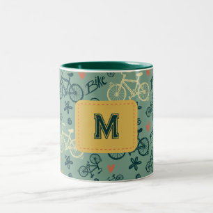 Let's Ride Modern Green Bicycle Pattern Two-Tone Coffee Mug