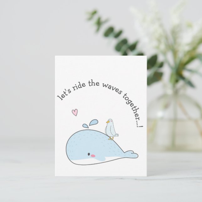 Let's Ride Waves together Cute Whales Valentines Postcard (Standing Front)