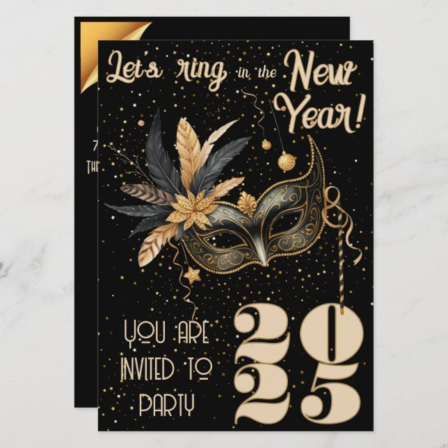 Let's ring in the New Year party Glamorous Black Invitation (Front/Back)