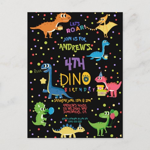 LETS ROAR Colorful and Cute Dinosaur Birthday Inv Postcard