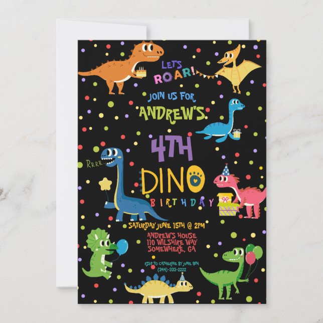 LET'S ROAR Colorful and Cute Dinosaur Birthday Invitation (Front)