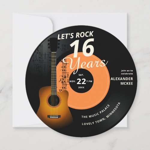 Lets Rock 16 Years Guitar Vintage Record Birthday Invitation
