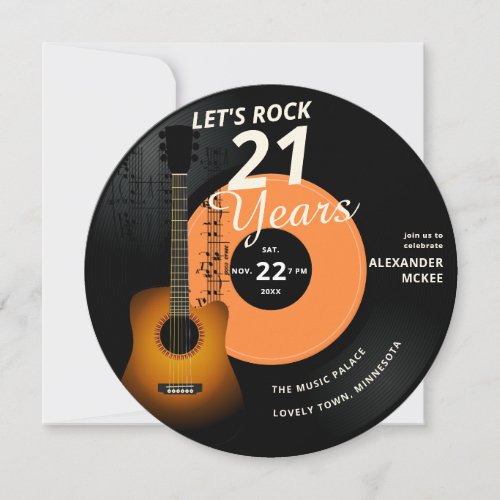 Lets Rock 21 Years Guitar Vintage Record Birthday Invitation