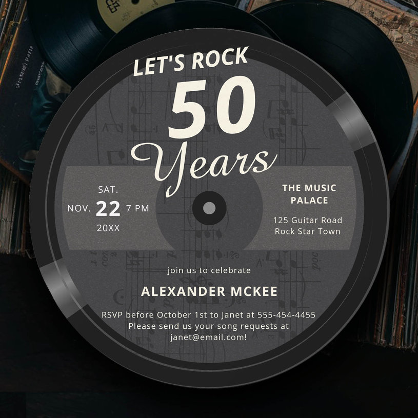 Let&#39;s Rock 50 Years Music LP Vintage 50th                    Birthday Invitation