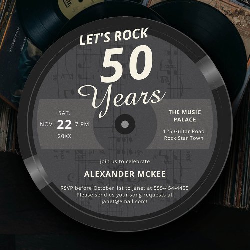 Lets Rock 50 Years Music LP Vintage 50th Birthday Invitation