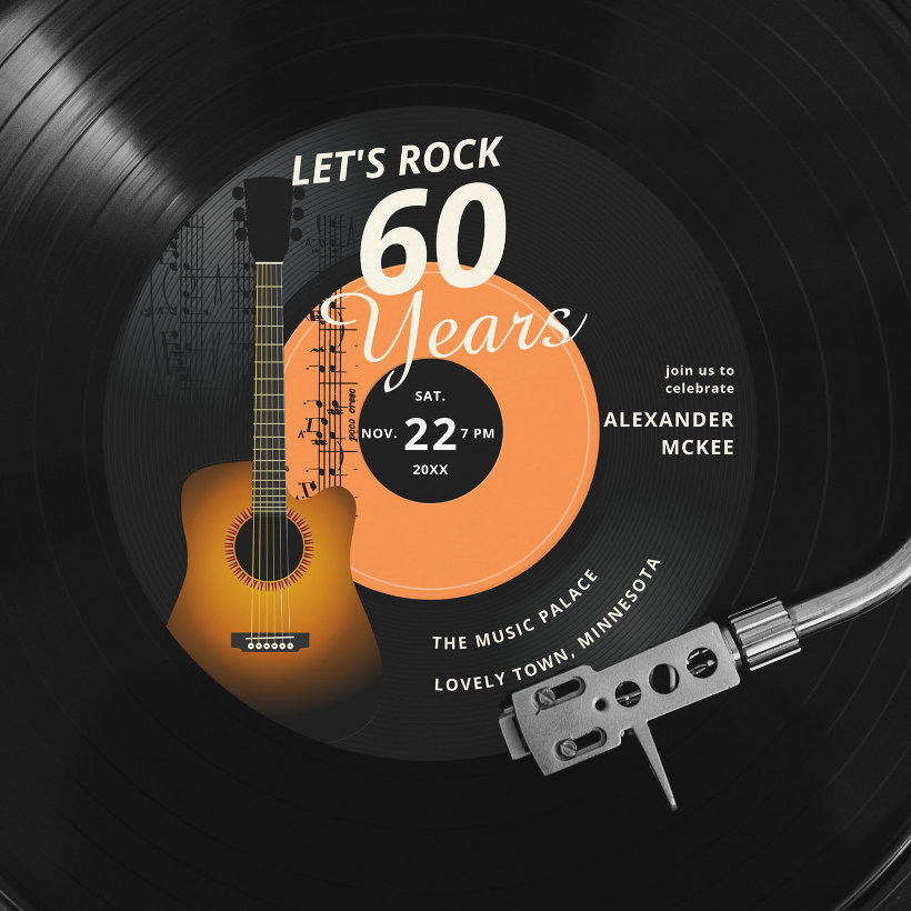 Let's Rock 60 Years Guitar Vintage Record Birthday Invitation (Creator Uploaded)