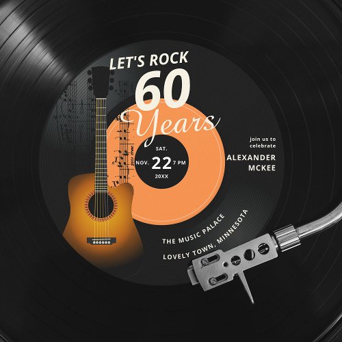 Lets Rock 60 Years Guitar Vintage Record Birthday Invitation