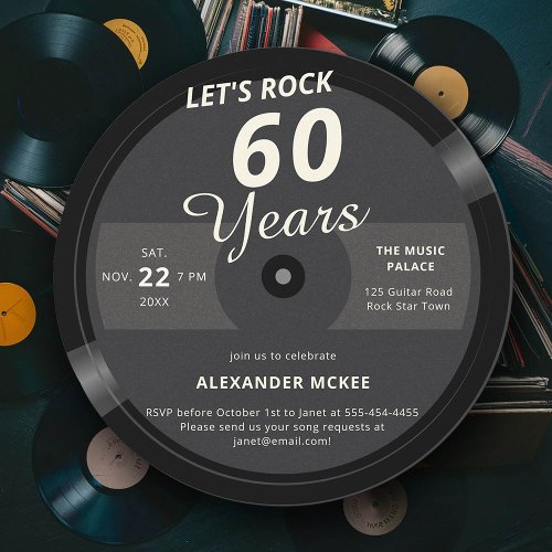 Lets Rock 60 Years Vintage Record Label Birthday Invitation