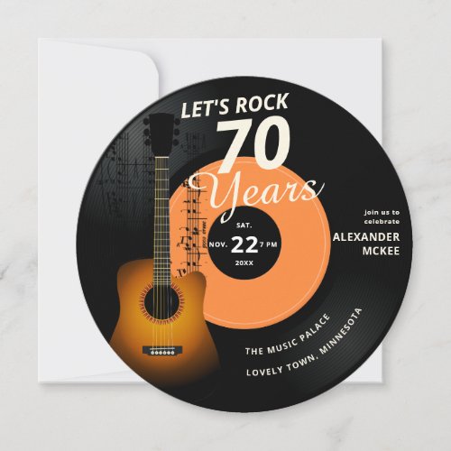 Lets Rock 70 Years Guitar Vintage Record Birthday Invitation