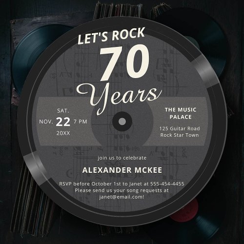 Lets Rock 70 Years Vintage Music Note LP Birthday Invitation