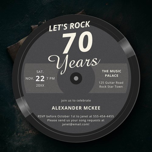 Lets Rock 70 Years Vintage Record Label Birthday Invitation