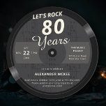 Let's Rock 80 Years Vintage LP Music 80th Birthday Invitation<br><div class="desc">An elegant, music themed, fun birthday party invitation template in the shape of a vinyl record with a music notes background over a textured black and grey background and the title "Let's Rock 80 Years". You can fully edit this template. A perfect birthday party invitation for a man who loves...</div>