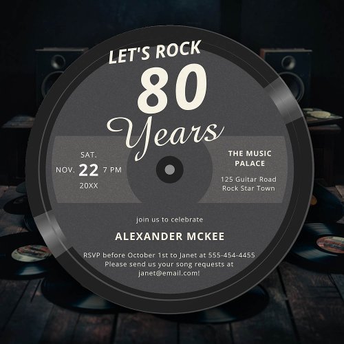 Lets Rock 80 Years Vintage Record 80th Birthday Invitation
