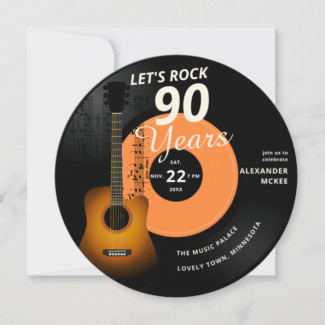 Let's Rock 90 Years Guitar Vintage Record Birthday Invitation | Zazzle