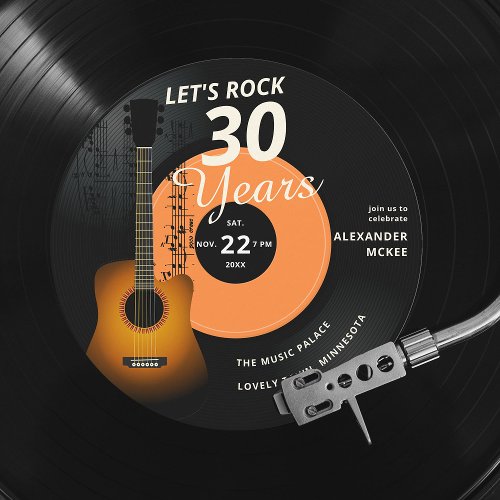 Lets Rock Any Age Guitar Vintage Record Birthday Invitation