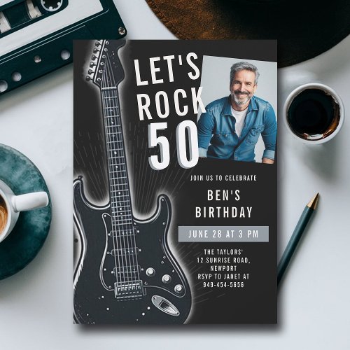 Lets Rock Electric Guitar Men 50th Birthday Photo Invitation