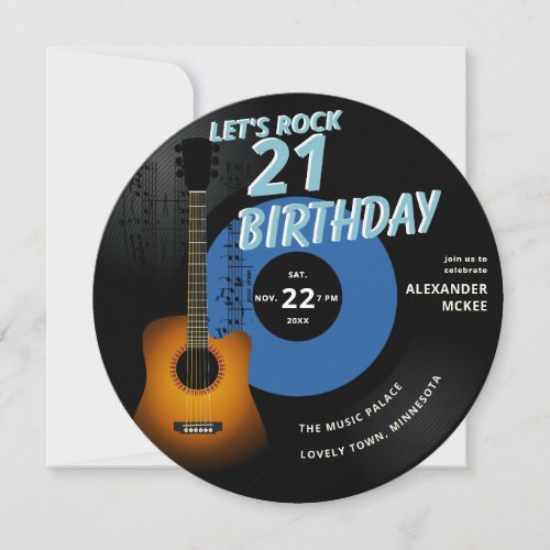 Lets Rock Guitar Music Notes Blue 21st Birthday Invitation