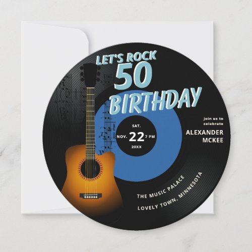 Lets Rock Guitar Music Notes Blue 50th Birthday Invitation