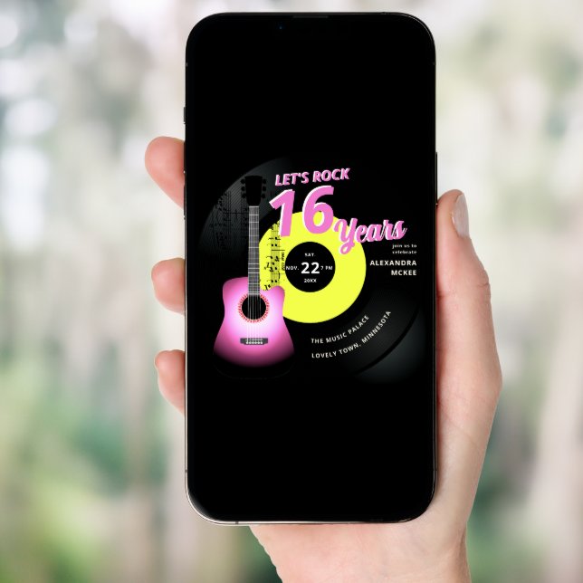 Let's Rock Hot Pink Yellow Guitar Music Sweet 16 Invitation (Front Digital)